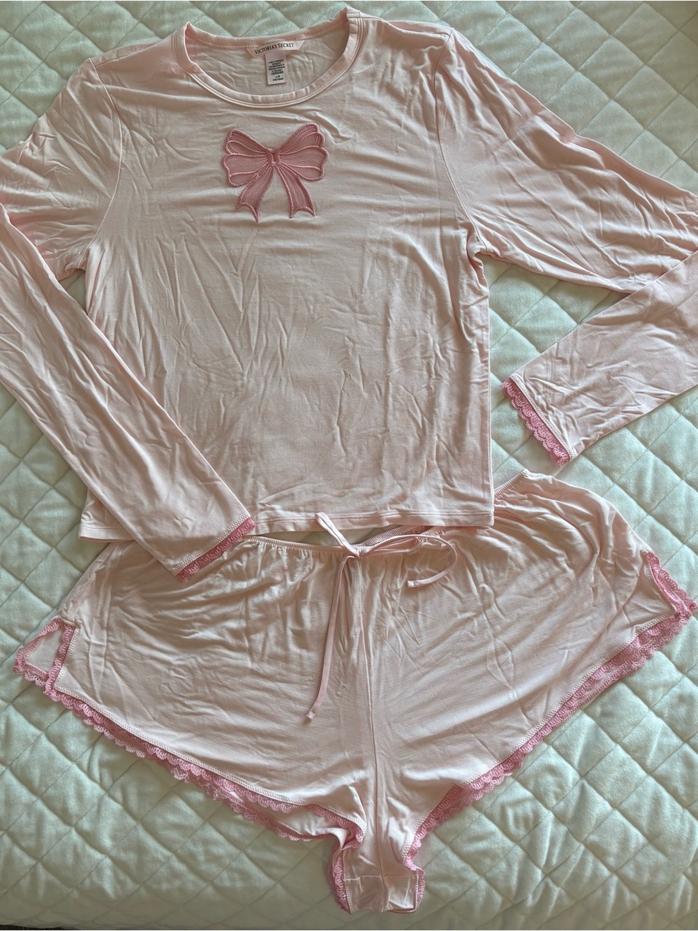 Victoria's Secret Light Pink Bow Lace-Trim Long Sleeve Pajama Set